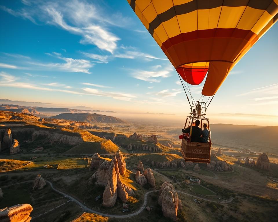 A breathtaking aerial view from a hot air balloon over the stunning landscapes of Cappadocia at sunrise. In the foreground, the vibrant colors of the balloon's fabric catch the warm golden glow of the early morning sun. Below, the unique fairy chimneys and rock formations of Cappadocia spread out, with patches of lush greenery and quaint villages dotting the landscape. The middle ground features a panorama of rolling hills under a clear blue sky, while wispy clouds create a dreamy atmosphere. The lighting is soft and warm, enhancing the ethereal beauty of the scene. The angle captures the vastness of the terrain, inviting viewers to appreciate both the balloon and the mesmerizing scenery below, evoking a sense of wonder and adventure.