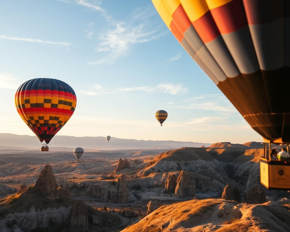 A breathtaking hot air balloon experience in Cappadocia at sunrise. In the foreground, a vibrant multicolored hot air balloon gently rises above the unique rock formations and fairy chimneys. In the middle ground, a few more balloons float gracefully, showcasing the stunning landscape bathed in the warm golden light of dawn. The background features soft, rolling hills and a clear blue sky, dotted with wispy clouds, creating a serene atmosphere. The scene captures the tranquil beauty and adventure of this once-in-a-lifetime experience, evoking a sense of awe and wonder. The lighting should emphasize the vivid colors and textures of the balloons and landscape, shot from a slightly low angle to highlight the majestic heights of the balloons against the horizon.