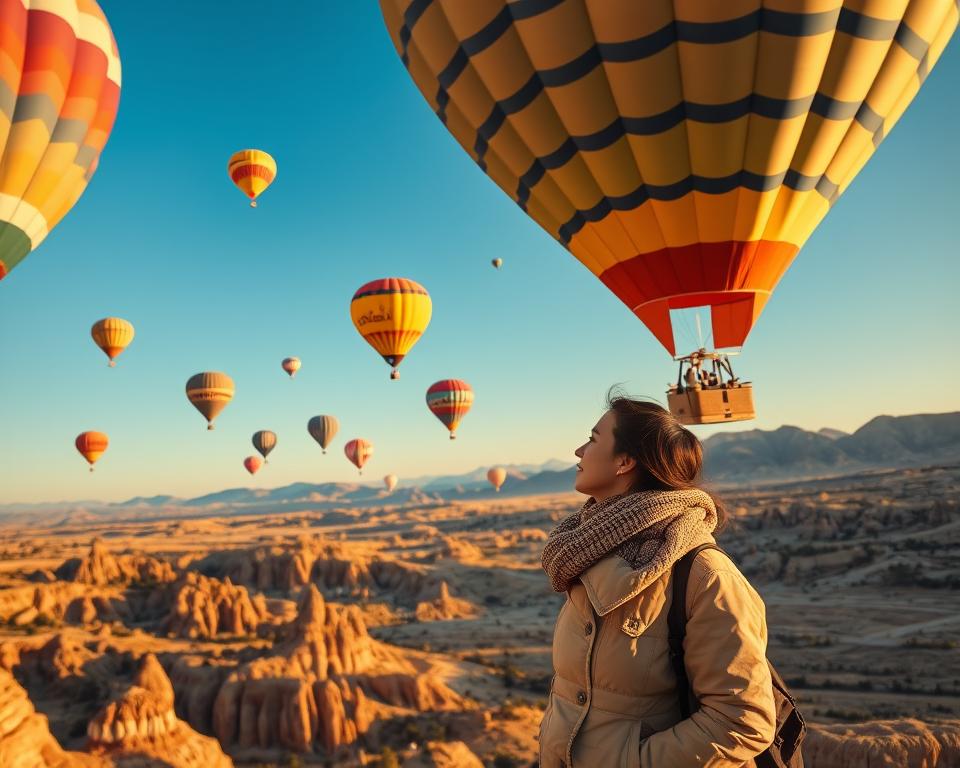 A breathtaking hot air balloon flight over Cappadocia, showcasing vibrant balloons in various colors soaring through a clear blue sky. In the foreground, a couple dressed in comfortable, stylish layers suitable for an outdoor adventure, with light jackets and scarves for warmth. They are excitedly admiring the view. The middle ground features the unique rock formations and fairy chimneys characteristic of Cappadocia, bathed in soft, warm morning sunlight. The background captures a panoramic view of the undulating landscape and distant mountains, creating a sense of wonder. The scene is illuminated by golden hour lighting, evoking a serene and joyful atmosphere, perfect for an unforgettable experience in Cappadocia.