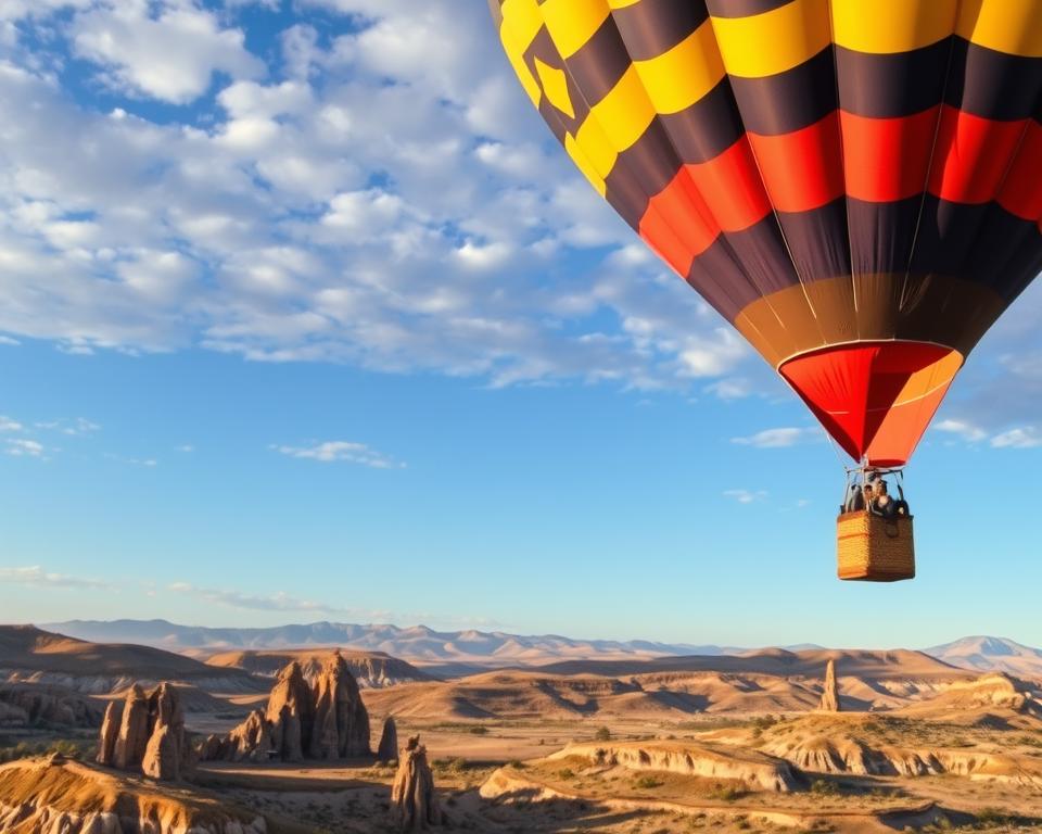 A breathtaking view of the Cappadocia region during a hot air balloon ride. In the foreground, a colorful hot air balloon gently ascends, its vibrant patterns contrasting against the soft morning light. Below, the unique rock formations of Cappadocia, with fairy chimneys visible, create a stunning landscape. In the middle ground, a clear sky extends with scattered clouds, indicating ideal weather conditions for ballooning. The background features distant hills and valleys that enhance the sense of elevation and adventure. The scene conveys a mood of excitement and tranquility, emphasizing safety and preparation for the balloon experience. The lighting is warm and inviting, capturing the golden hues of sunrise, with a wide-angle perspective to give depth to the image.