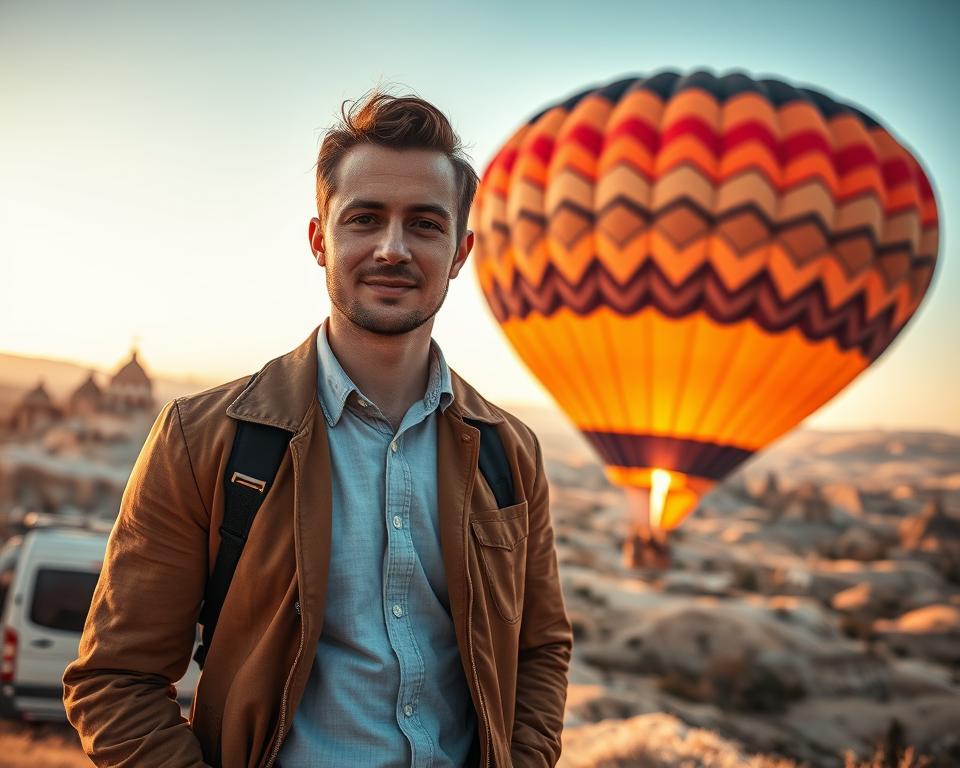 A professional hot air balloon provider in Cappadocia, Turkey, stands in the foreground, wearing a smart casual outfit, showcasing their credentials. The middle ground features a vibrant, colorful hot air balloon being inflated, with intricate patterns visible on its fabric. In the background, the stunning Cappadocian landscape unfolds, with fairy chimneys and soft, rolling hills bathed in the warm glow of a sunrise. The atmosphere is serene and inviting, with gentle sunlight pouring in from the left, casting soft shadows and enhancing textures. The lens is wide-angle, capturing both the balloon and the breathtaking scenery, creating a sense of adventure and professionalism. The scene conveys trust and reliability, embodying the essence of a serious hot air balloon provider in a picturesque setting.