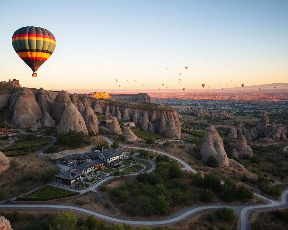 A scenic view of Cappadocia at sunrise, showcasing its unique rock formations and fairy chimneys. In the foreground, a hot air balloon with vibrant colors is gracefully floating in the sky, representing sustainable tourism. Below, lush vineyards and eco-friendly accommodations blend harmoniously into the landscape, symbolizing responsible travel. The middle ground features traditional Turkish homes nestled among the rocks, while a soft morning light casts a warm glow over the entire scene. The background reveals a breathtaking panorama of more hot air balloons ascending into the clear sky, conveying a sense of adventure and tranquility. The overall mood is serene and inviting, emphasizing the beauty of nature and the importance of eco-conscious travel.