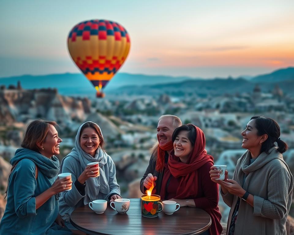 A serene early morning scene in Göreme, Cappadocia, capturing the moment of a hot air balloon pickup for an unforgettable balloon ride. In the foreground, a group of five diverse travelers dressed in modest casual clothing eagerly enjoys their coffee, their laughter filling the air. The middle ground features a vibrant, colorful hot air balloon ready for takeoff, with its flame softly illuminating the area. The background showcases the unique rock formations and fairy chimneys of Cappadocia, bathed in the warm glow of the sunrise, with soft pink and orange hues painting the sky. The atmosphere is joyous and adventurous, conveying the excitement of beginning a memorable journey above this enchanting landscape.