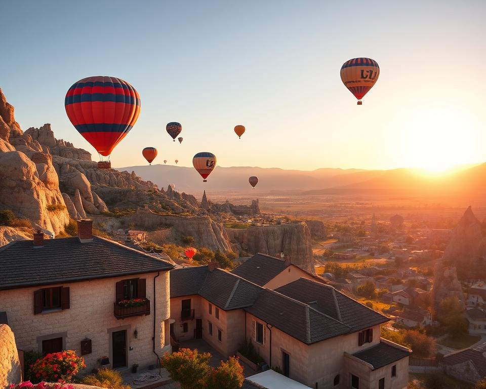 A stunning view of Cappadocia's unique rock formations and fairy chimneys at sunrise, with colorful hot air balloons gently floating in the sky. In the foreground, a peaceful settlement with charming stone houses is visible, adorned with vibrant flowers and traditional Turkish decorations. In the middle ground, the iconic valley landscape featuring majestic rock formations and patches of lush greenery adds depth. The background shows the distant silhouette of a dramatic mountain range under a clear blue sky. Soft, golden light from the rising sun creates a warm and inviting atmosphere, illuminating the scene and enhancing the texture of the rocky terrain. The composition should evoke a sense of wonder and tranquility, perfect for capturing the essence of Cappadocia’s breathtaking beauty.